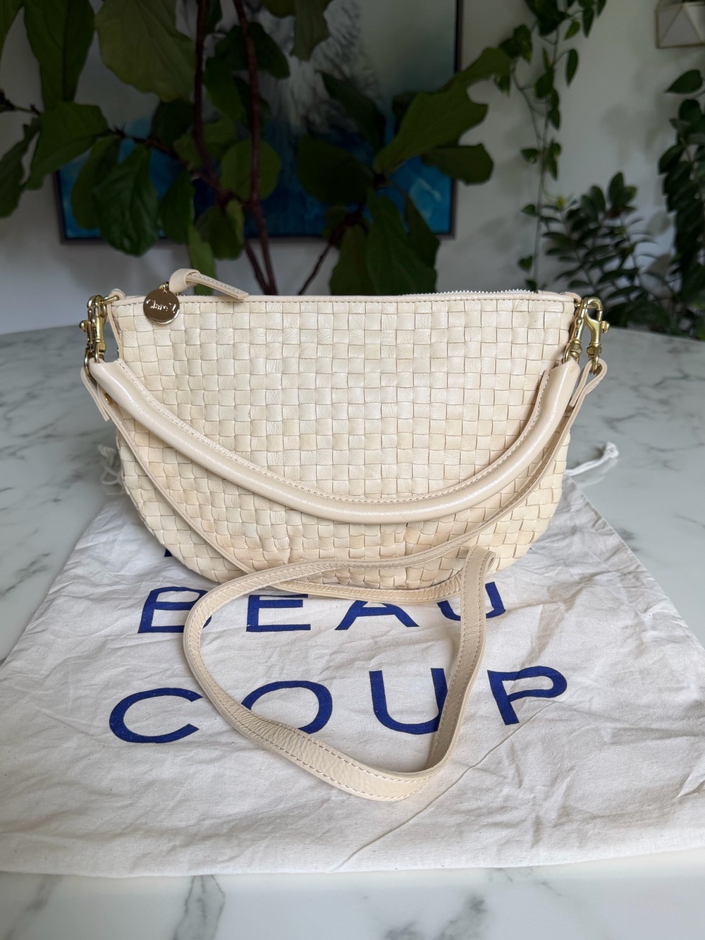 Clare V Petit Moyen Cream Woven Checker Leather Crossbody Shoulder Bag